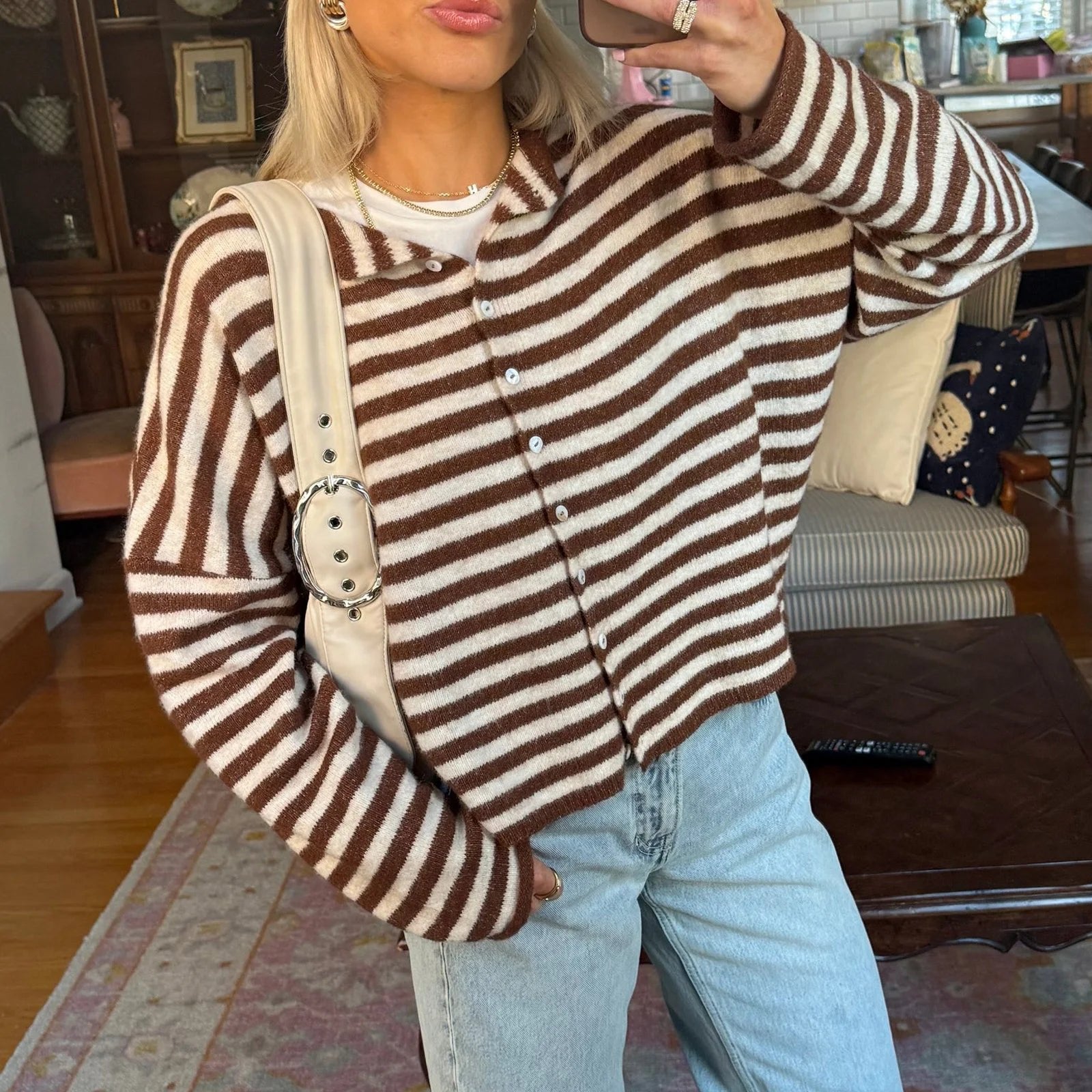Women's Striped Button Front Cardigan Long Sleeve - Brown