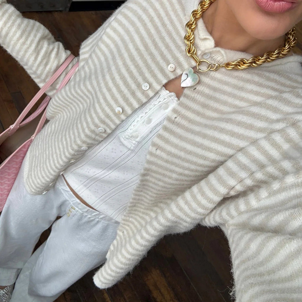 Women's Striped Button Front Cardigan Long Sleeve - Beige