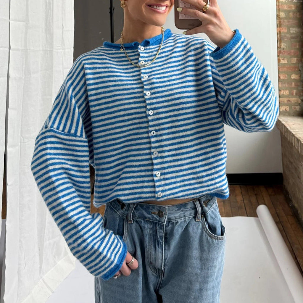 Women's Striped Button Front Cardigan Long Sleeve - Blue