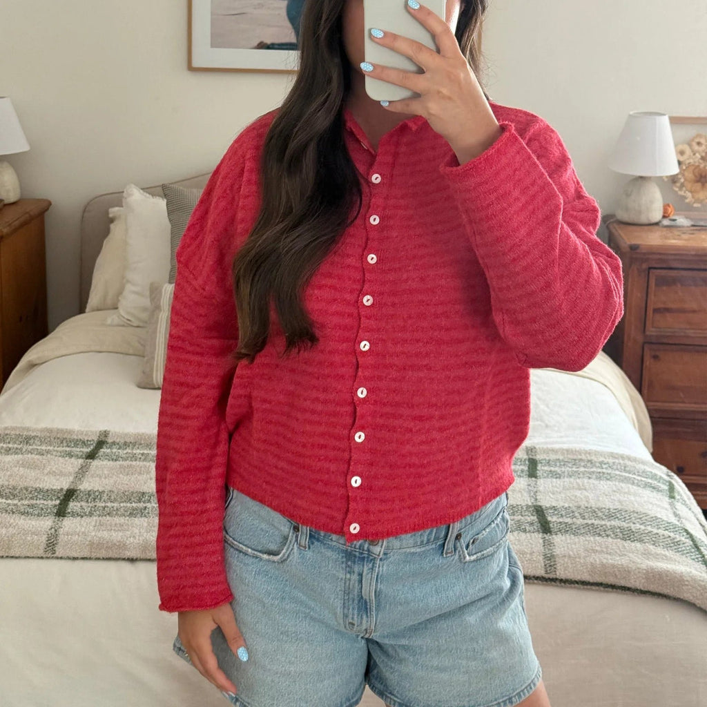 Women's Striped Button Front Cardigan Long Sleeve - Dark Red