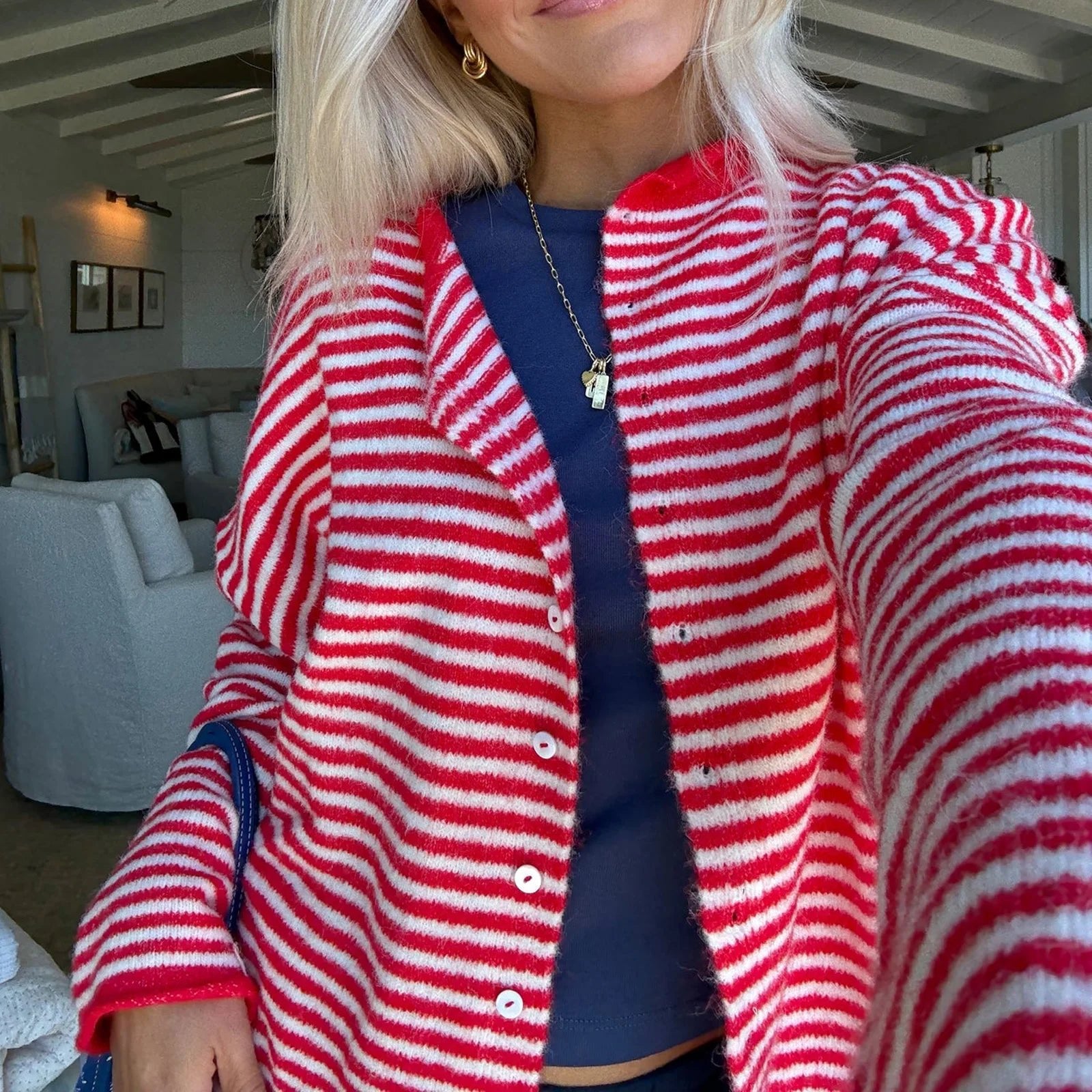 Women's Striped Button Front Cardigan Long Sleeve