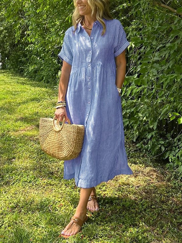 Women's Striped Button-Front Midi Shirt Dress Short Sleeve - Blauw