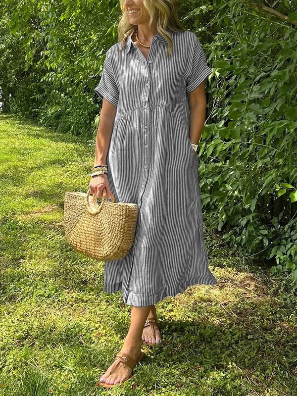 Women's Striped Button-Front Midi Shirt Dress Short Sleeve - Grijs