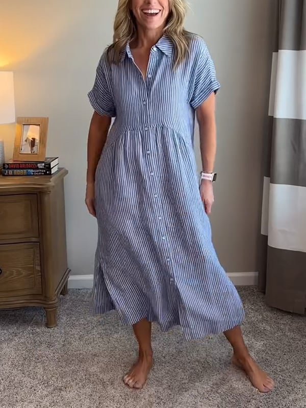 Women's Striped Button-Front Midi Shirt Dress Short Sleeve
