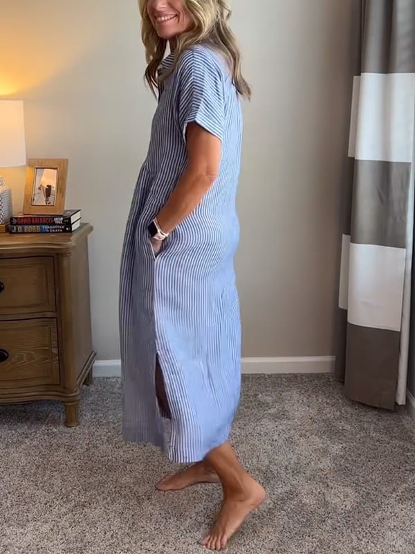 Women's Striped Button-Front Midi Shirt Dress Short Sleeve