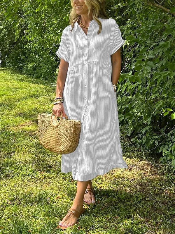 Women's Striped Button-Front Midi Shirt Dress Short Sleeve - Wit