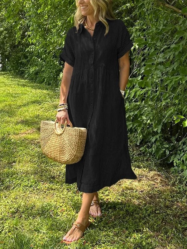 Women's Striped Button-Front Midi Shirt Dress Short Sleeve - Zwart