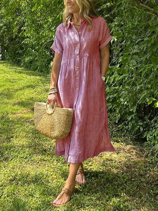 Women's Striped Button-Front Midi Shirt Dress Short Sleeve - Rood