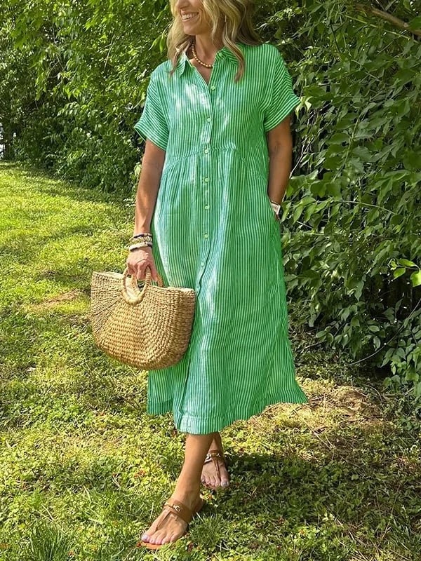 Women's Striped Button-Front Midi Shirt Dress Short Sleeve - Groen