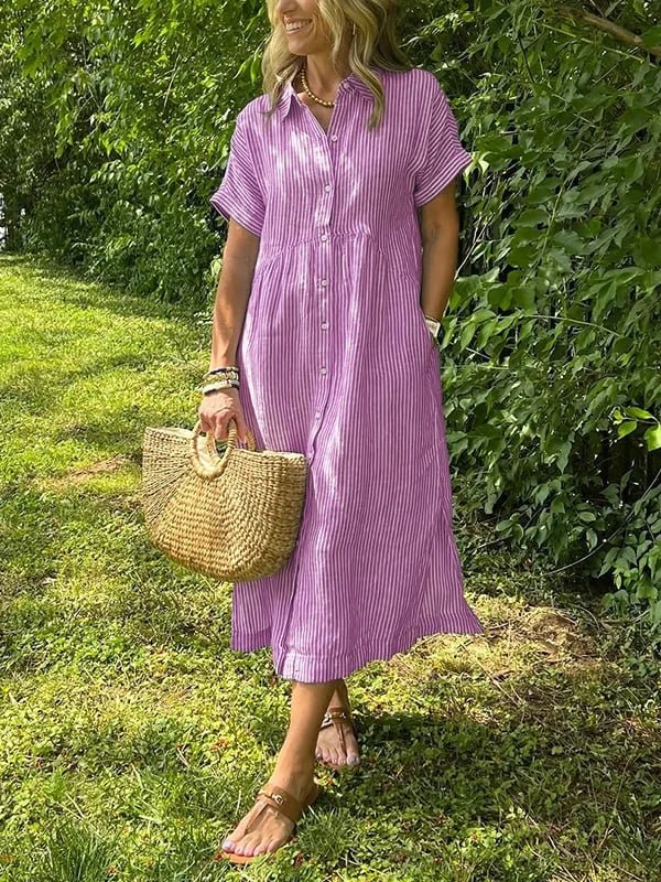 Women's Striped Button-Front Midi Shirt Dress Short Sleeve - Roze