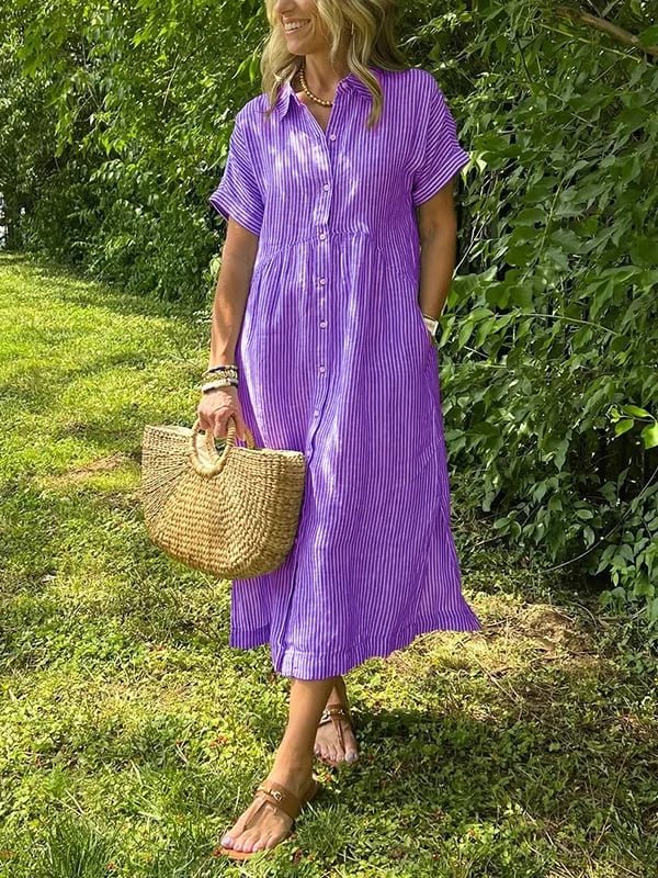Women's Striped Button-Front Midi Shirt Dress Short Sleeve - Paars
