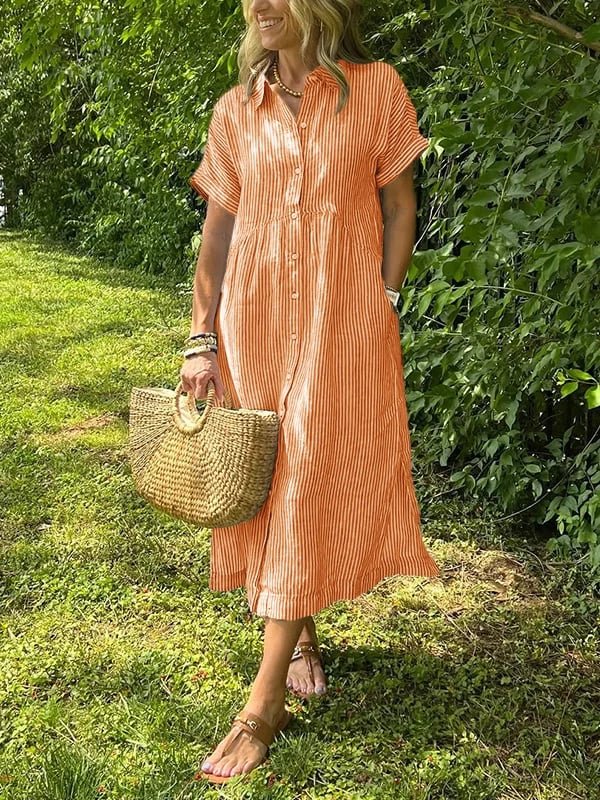 Women's Striped Button-Front Midi Shirt Dress Short Sleeve - Oranje