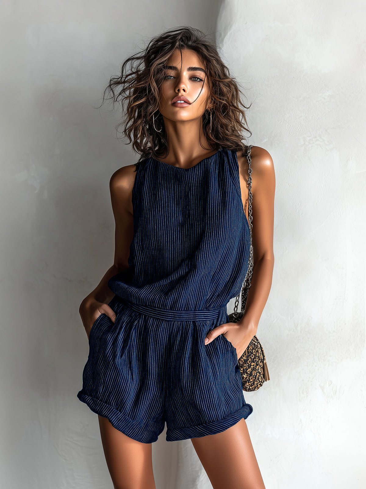 Women's Striped Linen-Blend Sleeveless Boat-Neck Romper