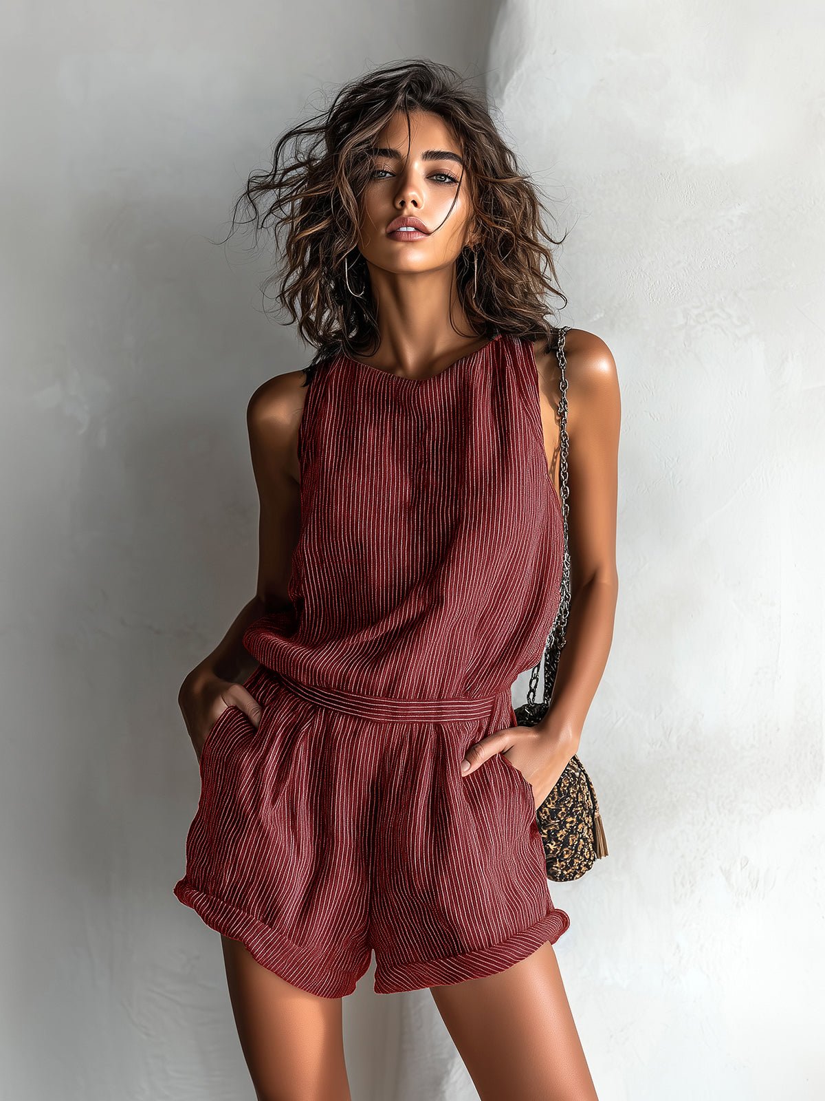 Women's Striped Linen-Blend Sleeveless Boat-Neck Romper