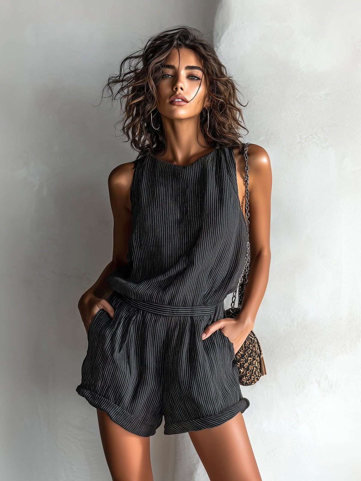 Women's Striped Linen-Blend Sleeveless Boat-Neck Romper