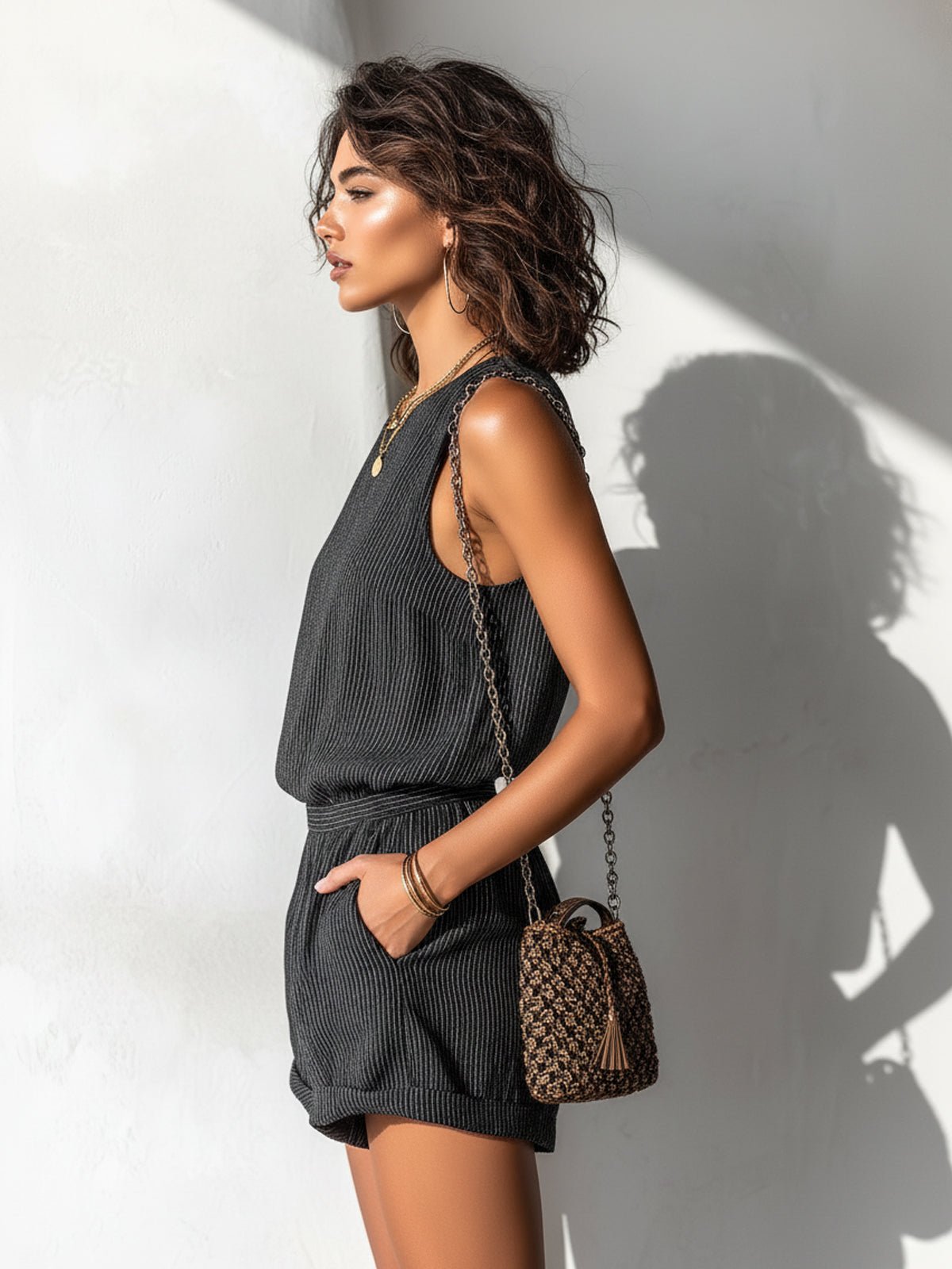 Women's Striped Linen-Blend Sleeveless Boat-Neck Romper