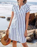 Women's Striped Linen Button-Up Short-Sleeve Shirt Dress - Light Blue