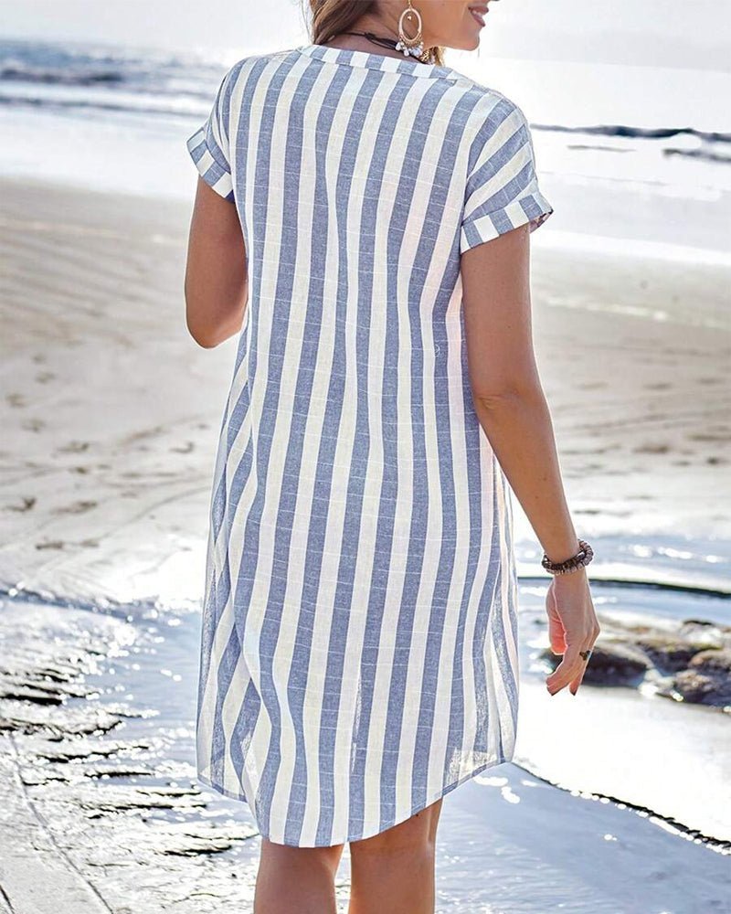 Women's Striped Linen Button-Up Short-Sleeve Shirt Dress
