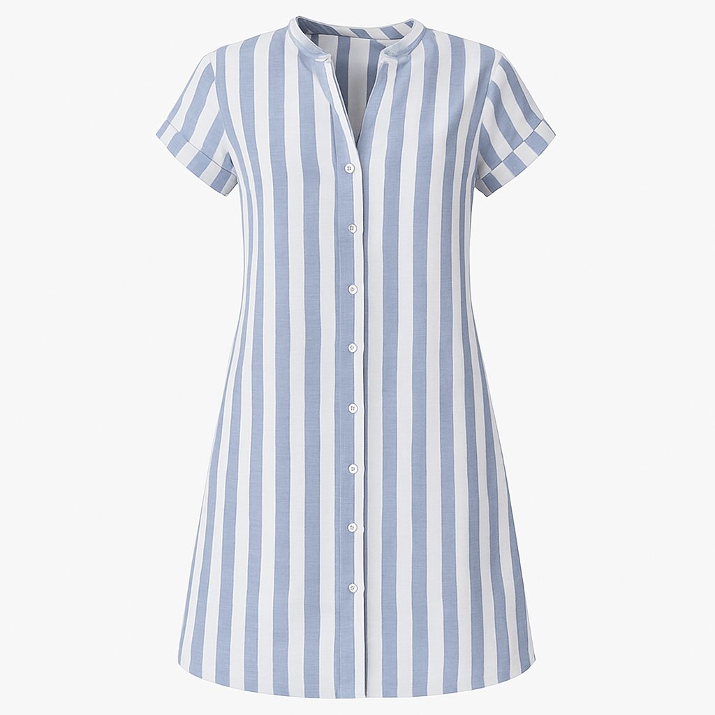 Women's Striped Linen Button-Up Short-Sleeve Shirt Dress