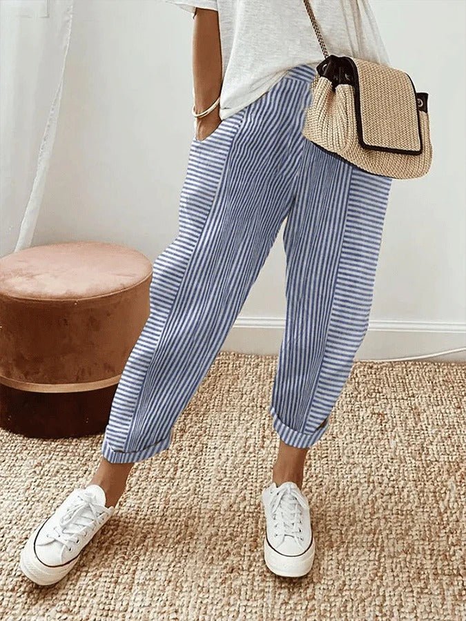 Women's Striped Pants Relaxed Fit Elastic Waist Drawstring - Blue (Almost sold out)