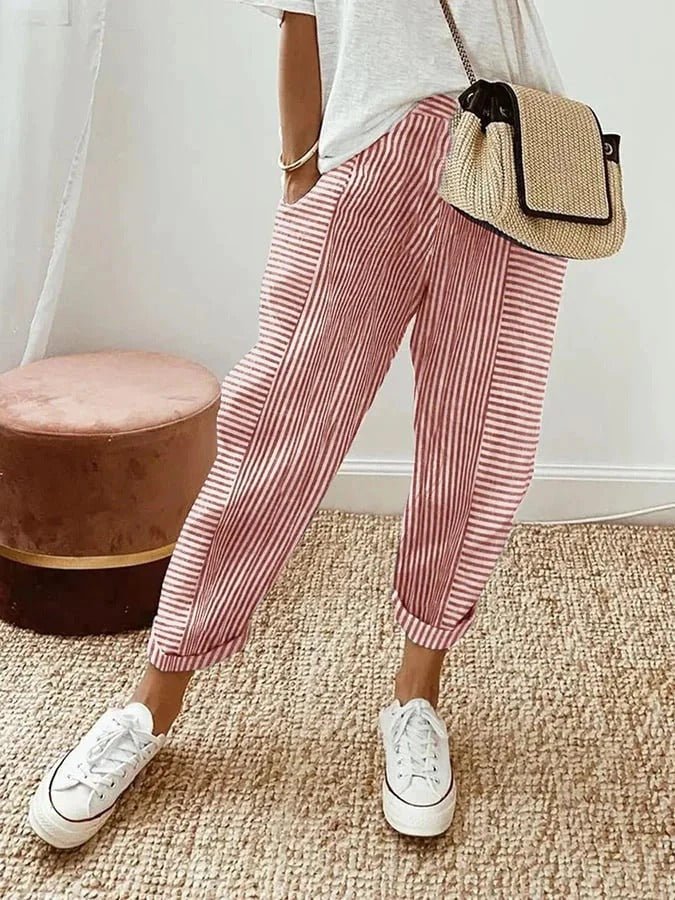 Women's Striped Pants Relaxed Fit Elastic Waist Drawstring - Red