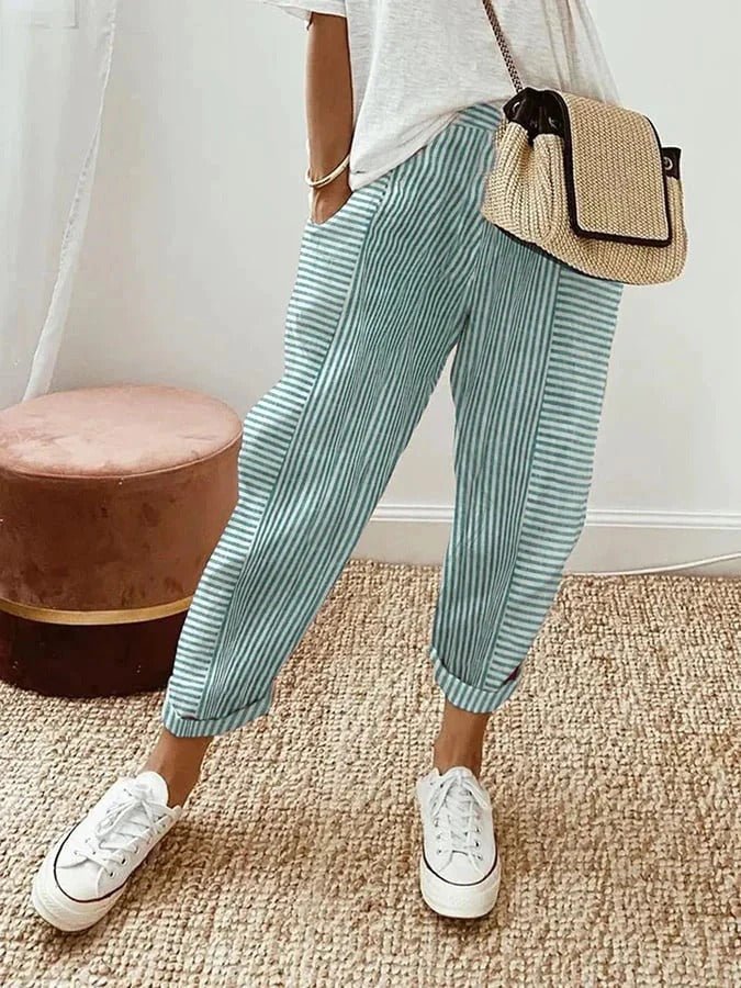 Women's Striped Pants Relaxed Fit Elastic Waist Drawstring - Green