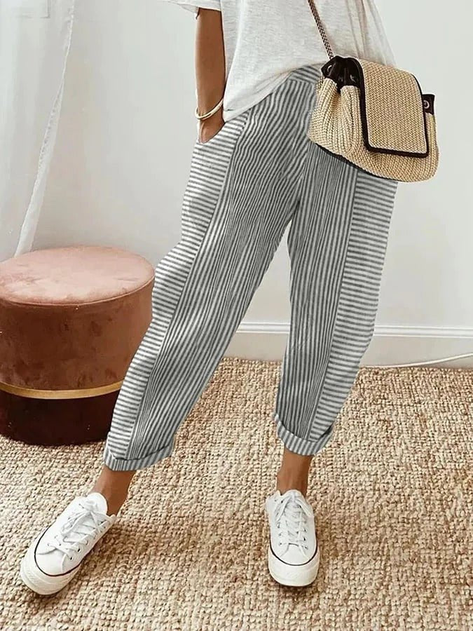 Women's Striped Pants Relaxed Fit Elastic Waist Drawstring - Light Gray (Almost sold out)