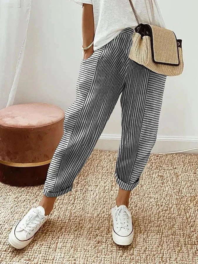 Women's Striped Pants Relaxed Fit Elastic Waist Drawstring - Black