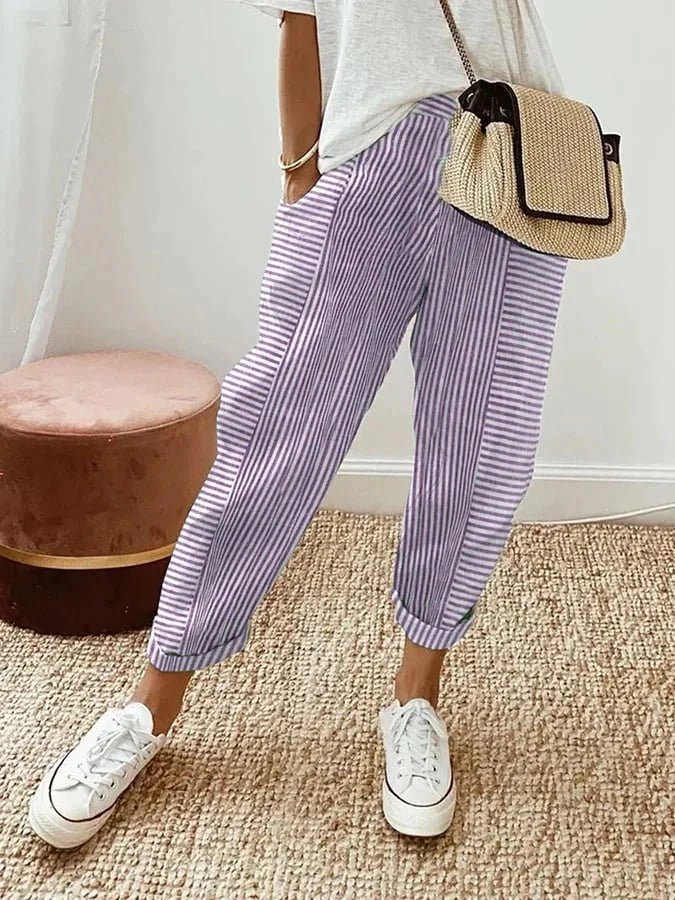 Women's Striped Pants Relaxed Fit Elastic Waist Drawstring - Purple