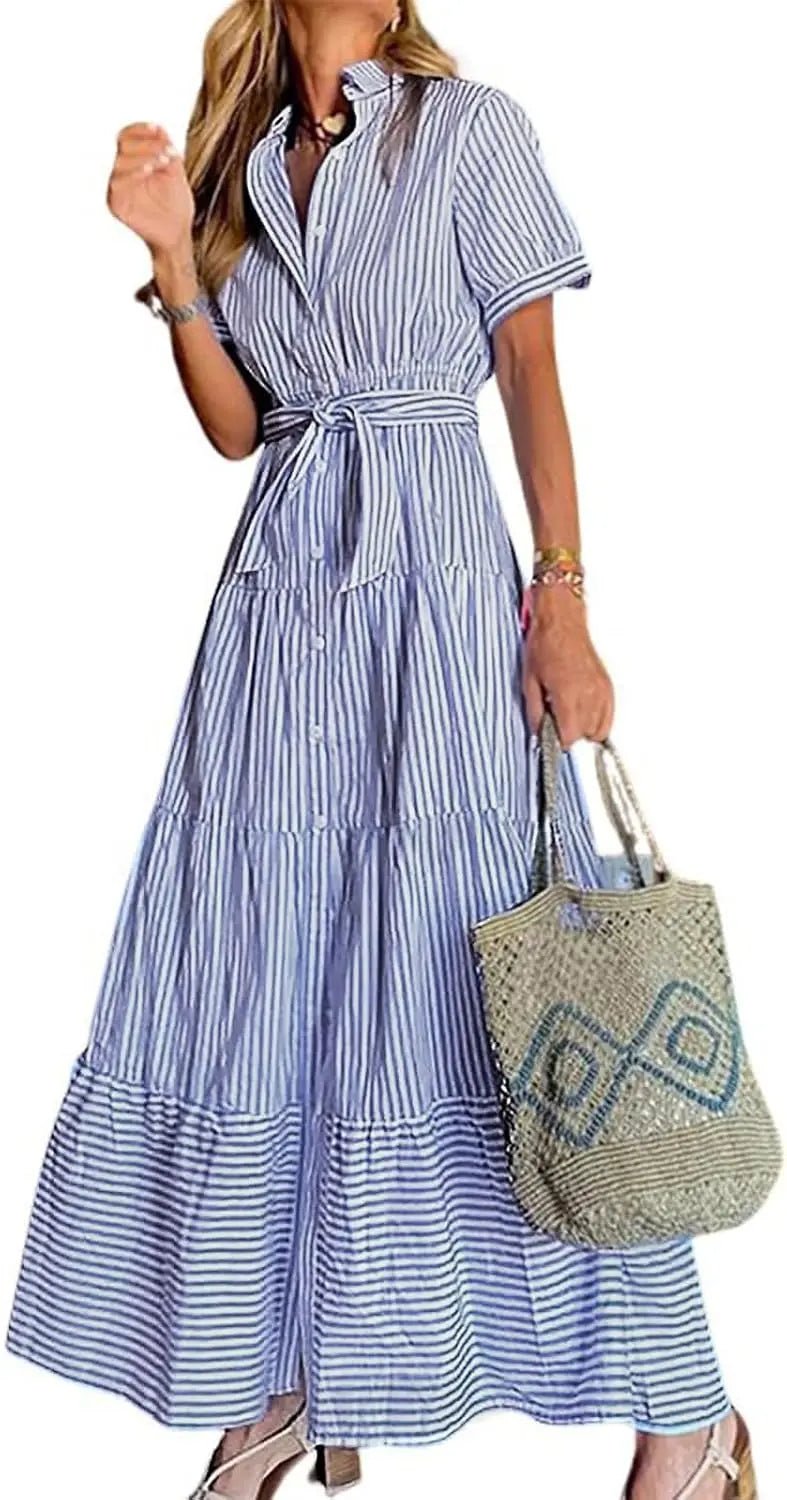 Women's Striped Polo Collar Tie-Waist Ruffle Maxi Shirt Dress - Blue