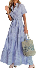 Women's Striped Polo Collar Tie-Waist Ruffle Maxi Shirt Dress - Blue