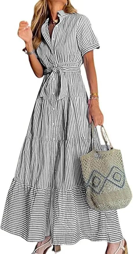 Women's Striped Polo Collar Tie-Waist Ruffle Maxi Shirt Dress - Black