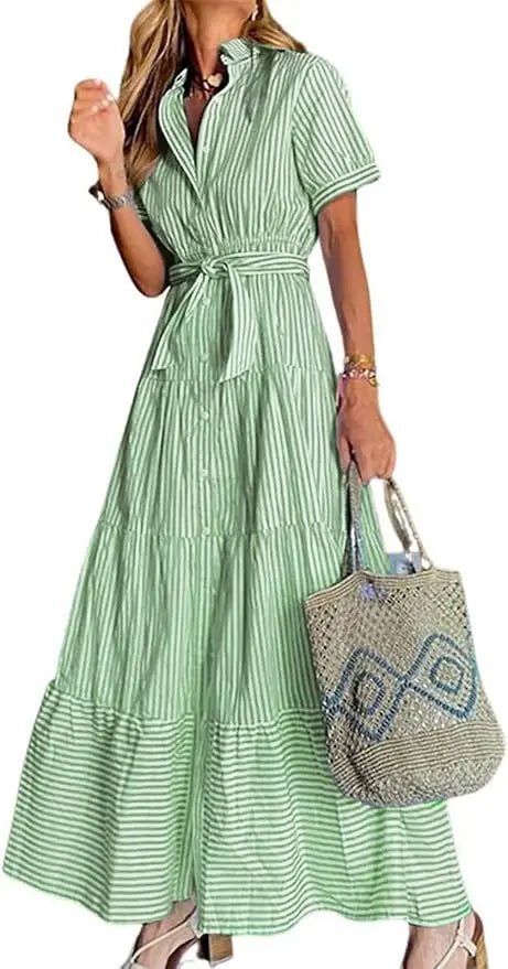 Women's Striped Polo Collar Tie-Waist Ruffle Maxi Shirt Dress - Green