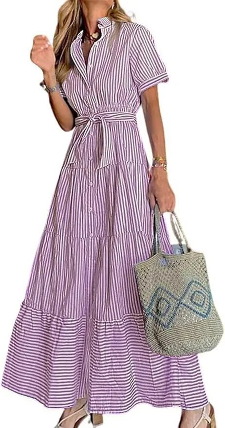 Women's Striped Polo Collar Tie-Waist Ruffle Maxi Shirt Dress - Purple