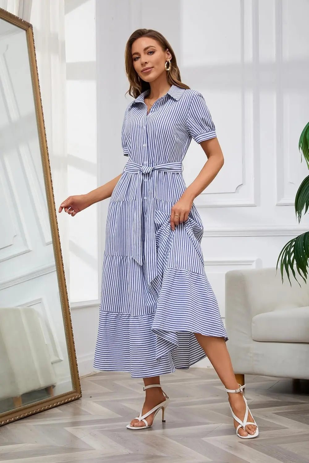 Women's Striped Polo Collar Tie-Waist Ruffle Maxi Shirt Dress