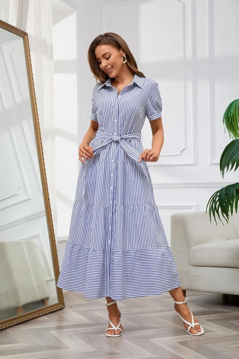 Women's Striped Polo Collar Tie-Waist Ruffle Maxi Shirt Dress