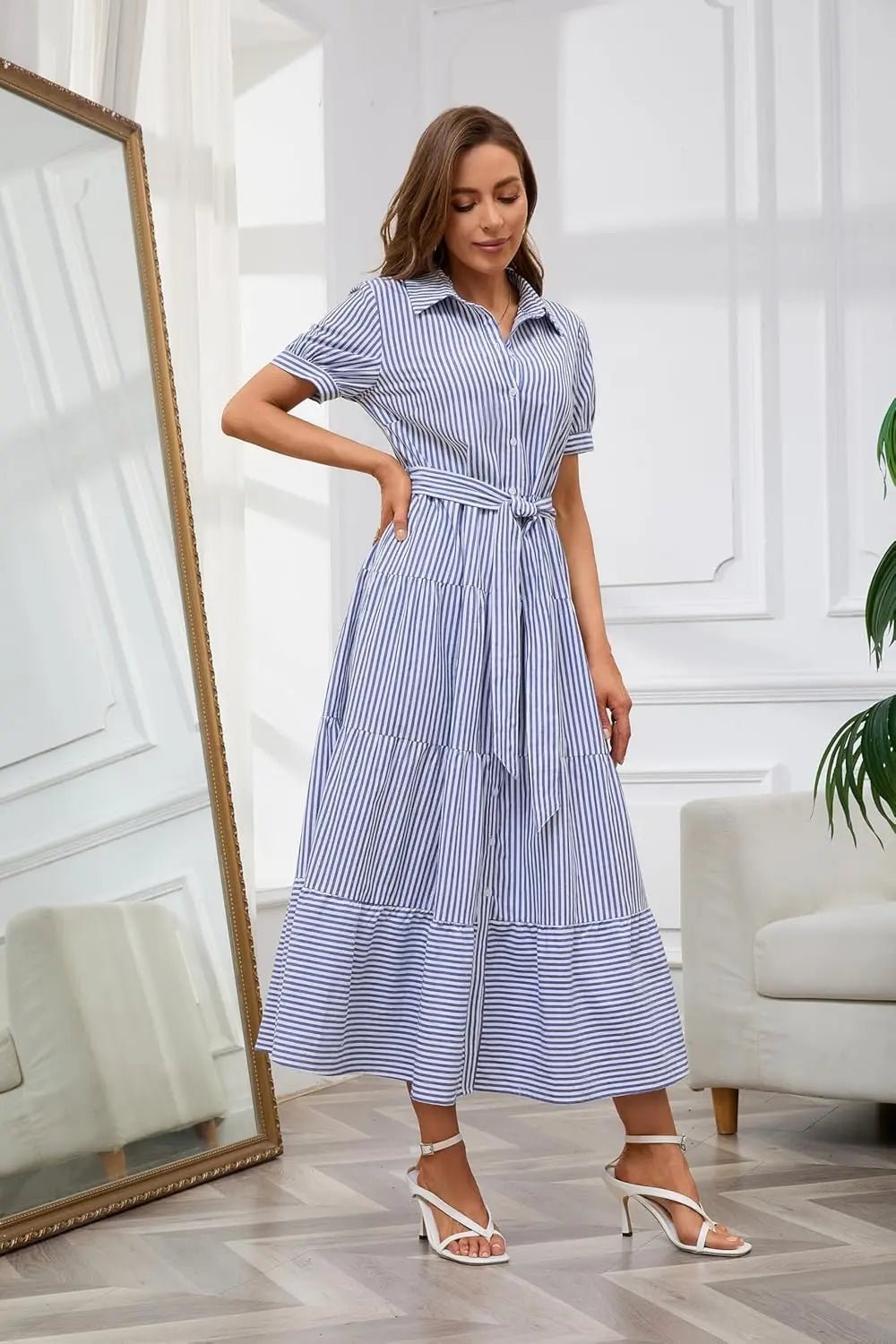 Women's Striped Polo Collar Tie-Waist Ruffle Maxi Shirt Dress