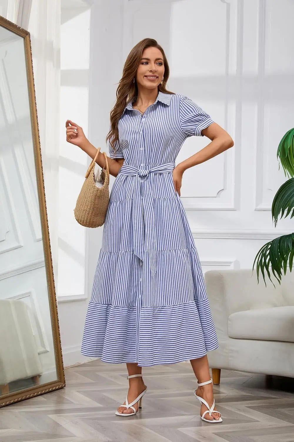 Women's Striped Polo Collar Tie-Waist Ruffle Maxi Shirt Dress