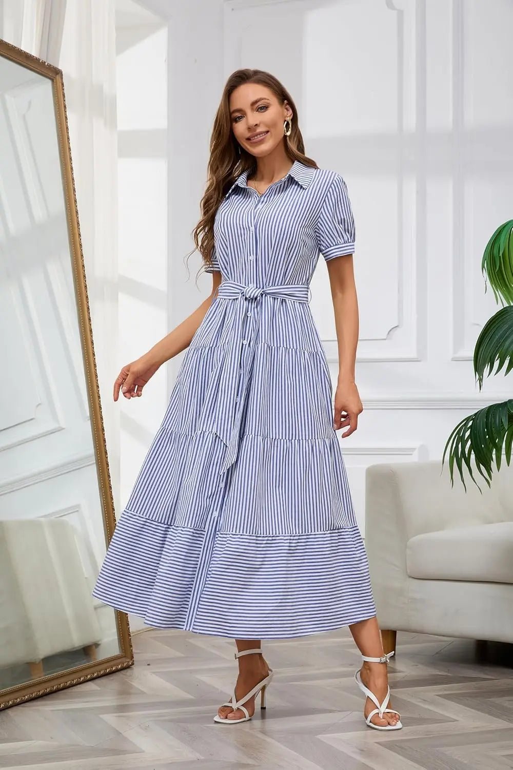 Women's Striped Polo Collar Tie-Waist Ruffle Maxi Shirt Dress