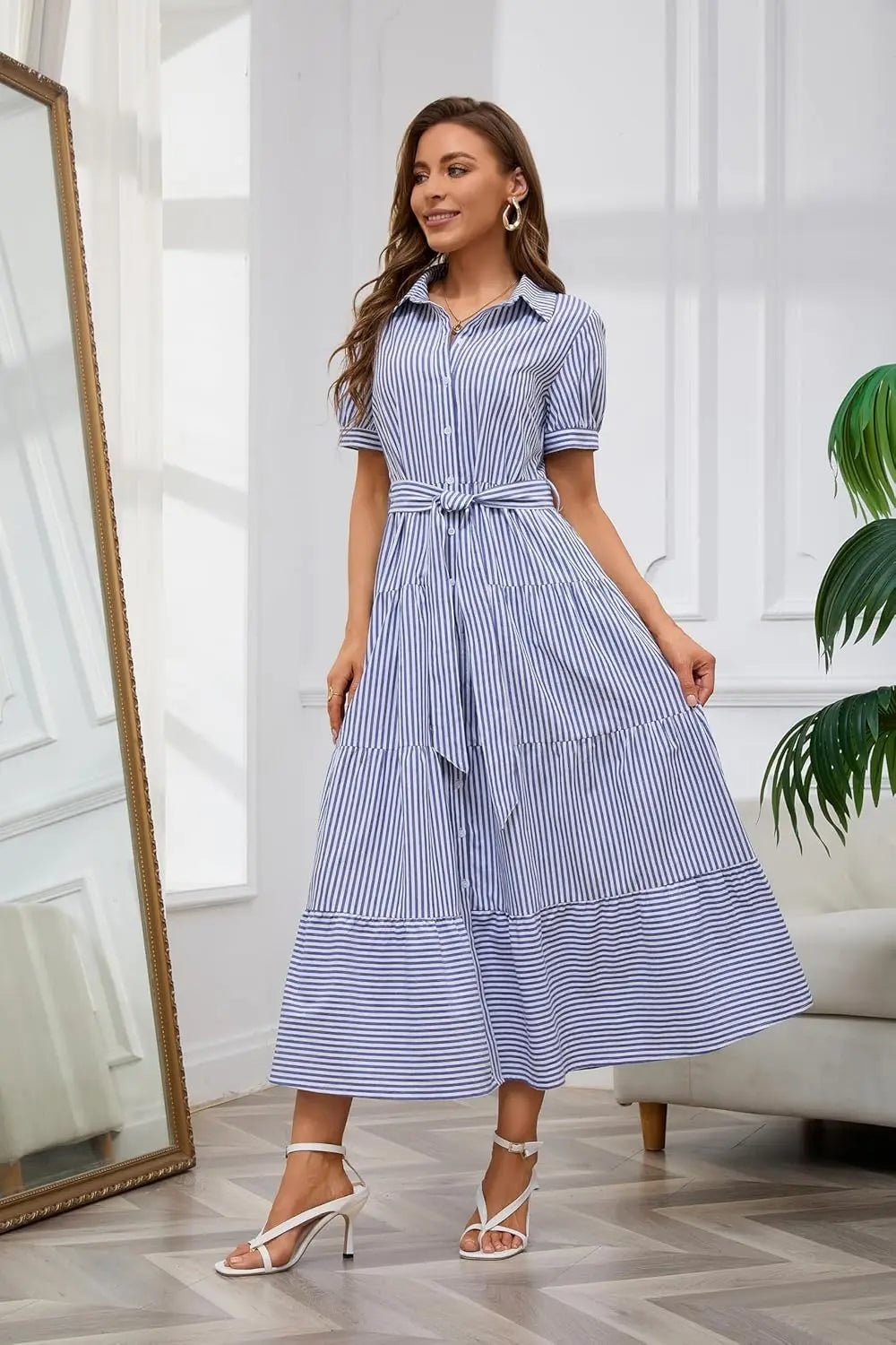 Women's Striped Polo Collar Tie-Waist Ruffle Maxi Shirt Dress