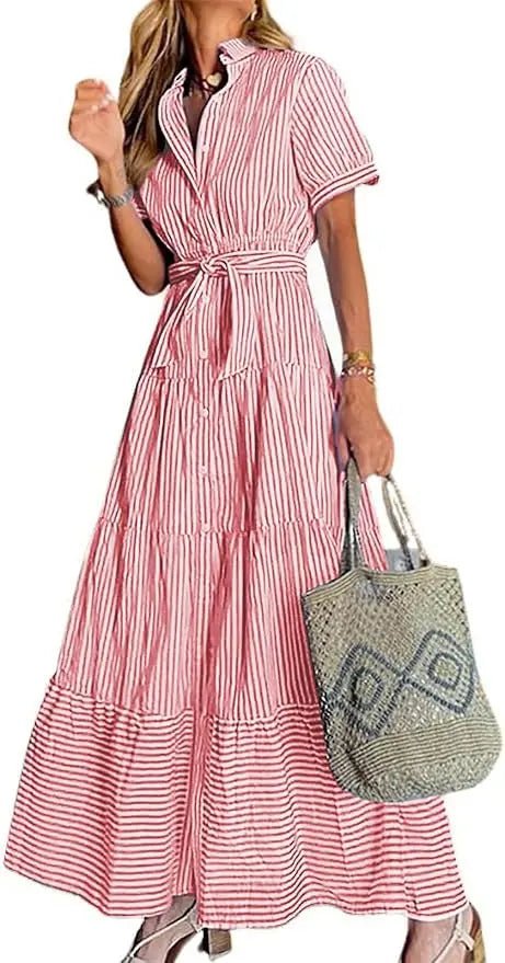Women's Striped Polo Collar Tie-Waist Ruffle Maxi Shirt Dress - Red