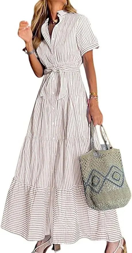 Women's Striped Polo Collar Tie-Waist Ruffle Maxi Shirt Dress - Khaki