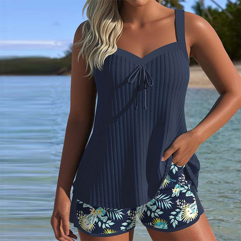 Women's Striped Tankini Two-Piece Swimsuit Tummy Control - Navy Blue