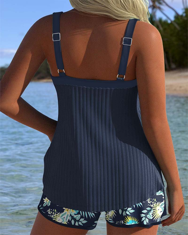 Women's Striped Tankini Two-Piece Swimsuit Tummy Control