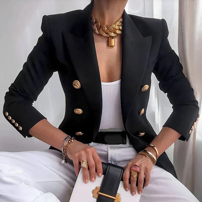 Women's Structured Double-Breasted Gold Button Blazer - Black