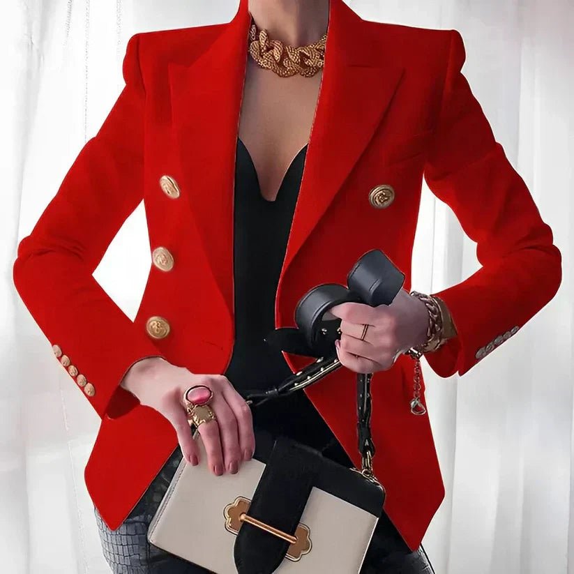 Women's Structured Double-Breasted Gold Button Blazer - Red