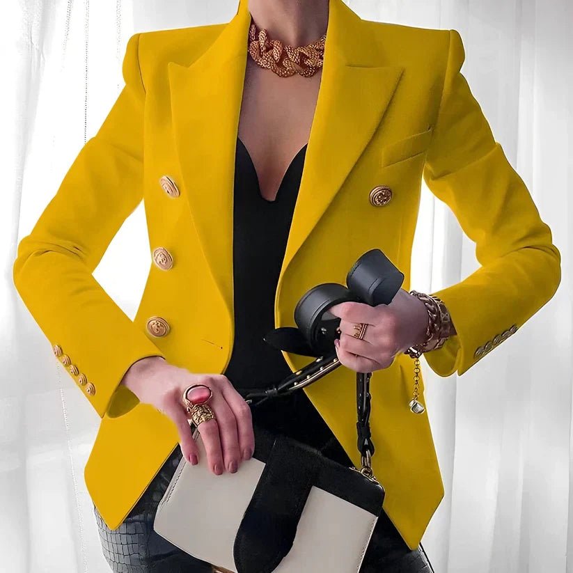 Women's Structured Double-Breasted Gold Button Blazer - Yellow