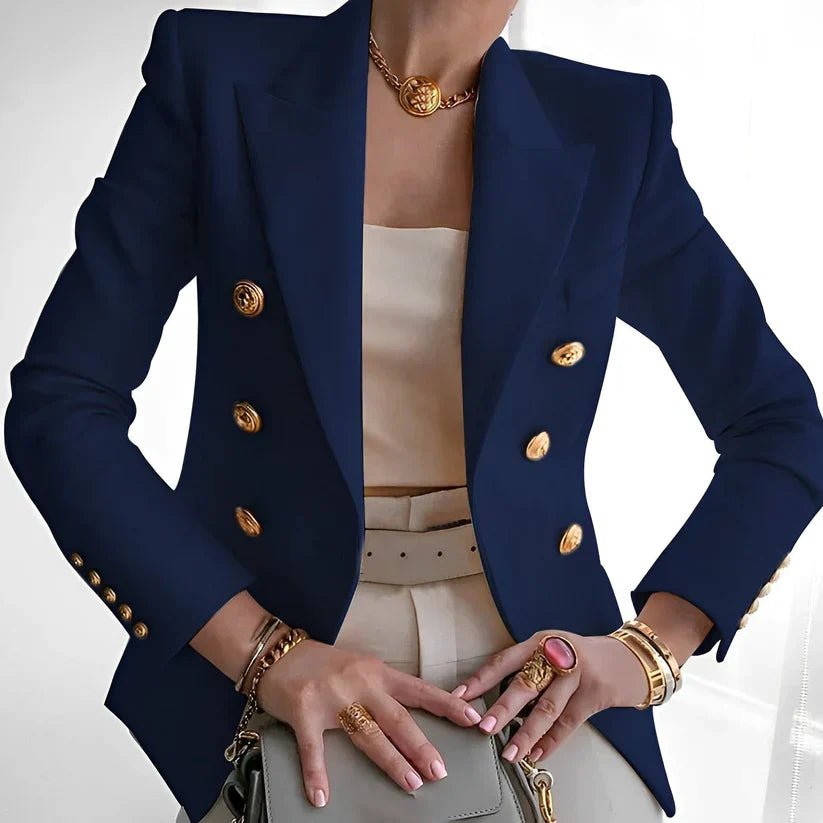 Women's Structured Double-Breasted Gold Button Blazer - Navy Blue