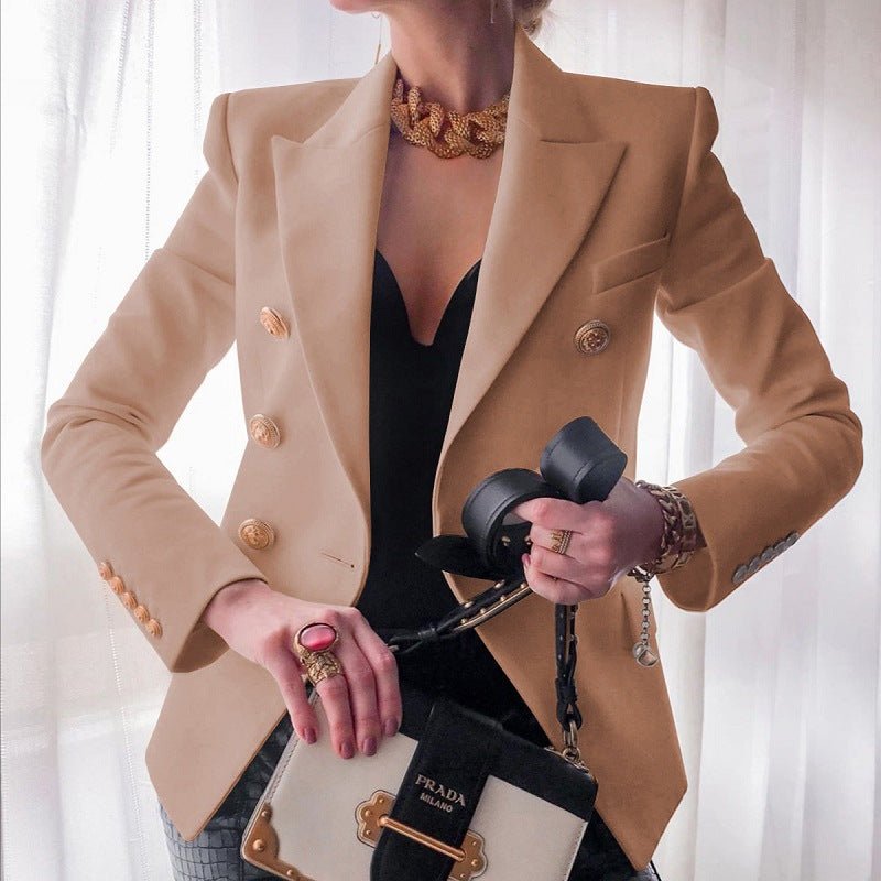 Women's Structured Double-Breasted Gold Button Blazer - Beige