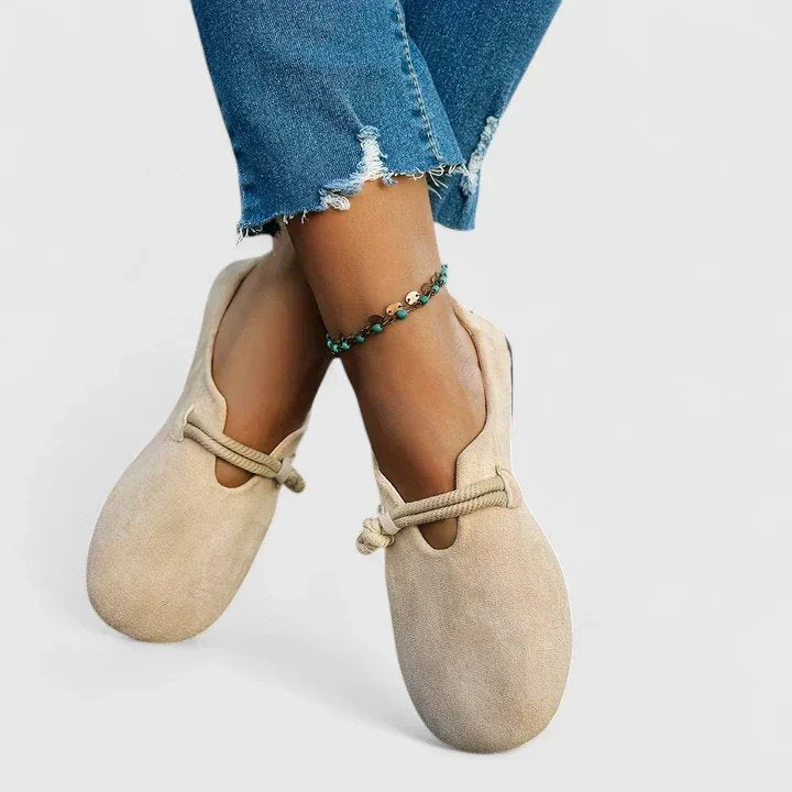 Women's Suede Rope-Strap Round-Toe Slip-On Flats - Beige